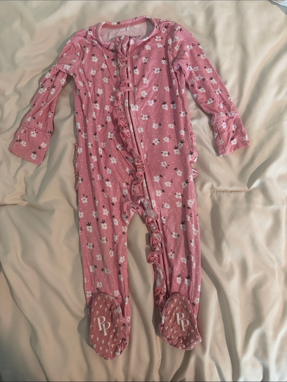 Posh Peanut Pink Floral Ruffle Footed One-Piece